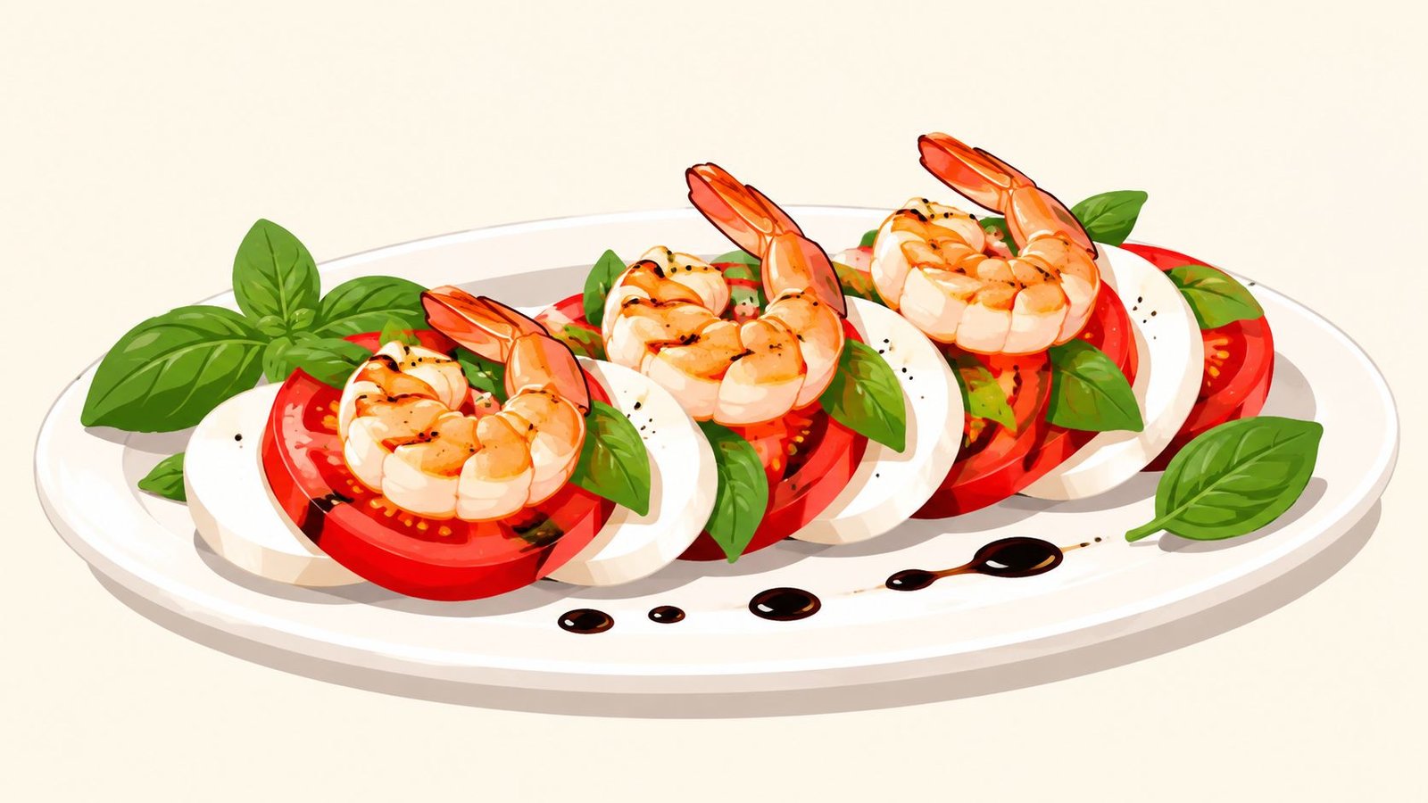A gourmet caprese salad topped with grilled shrimp and drizzled with a rich balsamic glaze reduction.