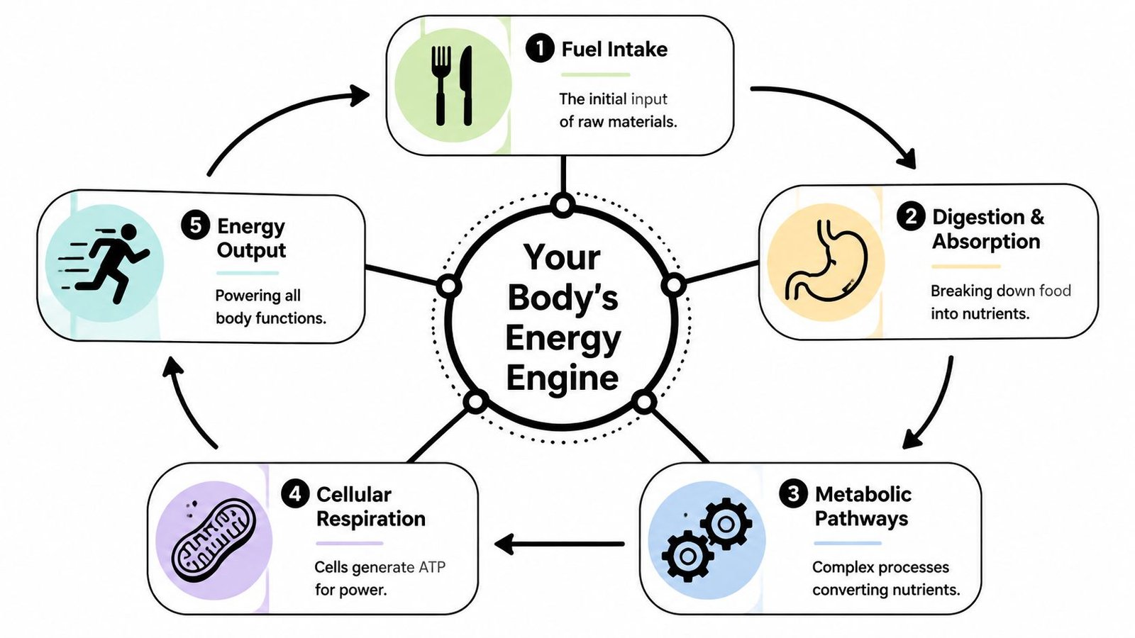 A circular diagram illustrating the human body's energy cycle from fuel intake to energy output.
