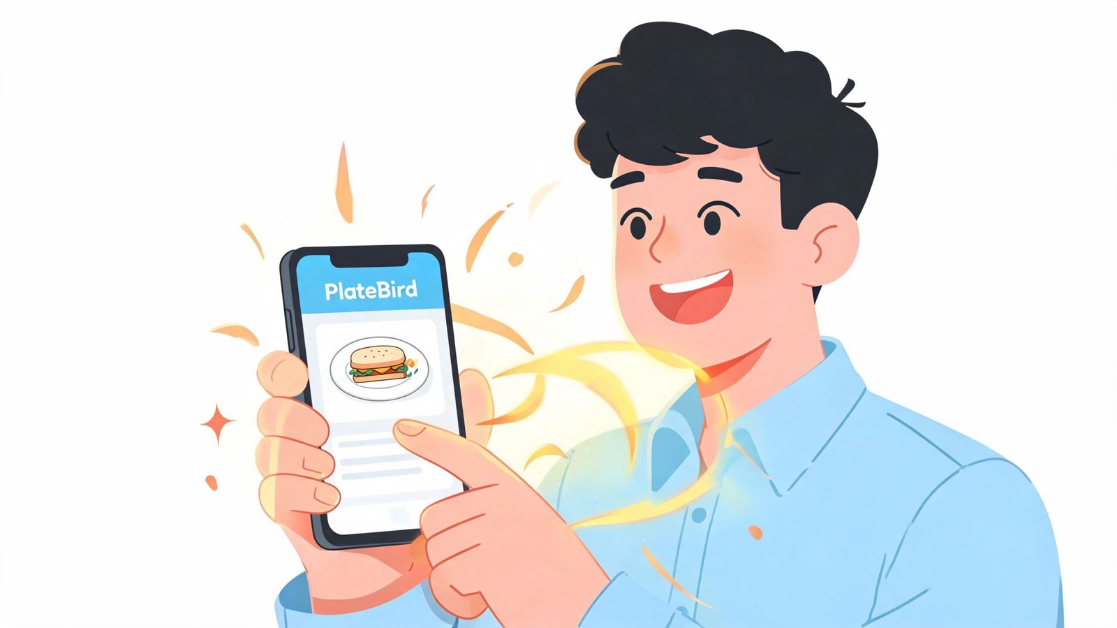 A happy young man holding a smartphone displaying the PlateBird food delivery application interface.