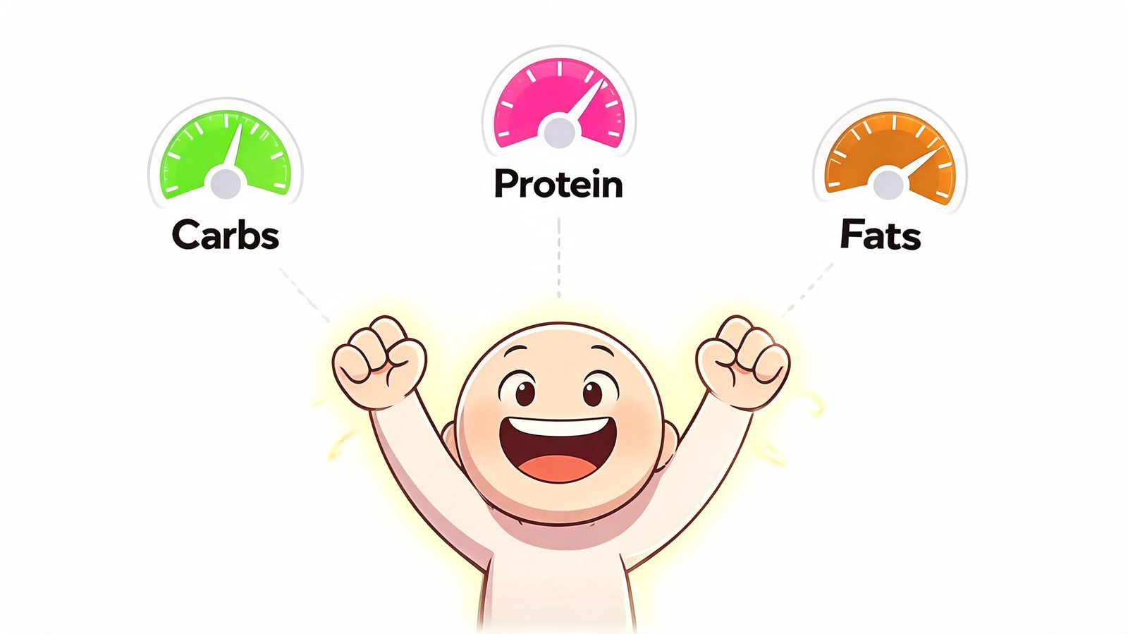 A joyful cartoon character celebrating with nutritional progress gauges showing carbs, protein, and fats levels.