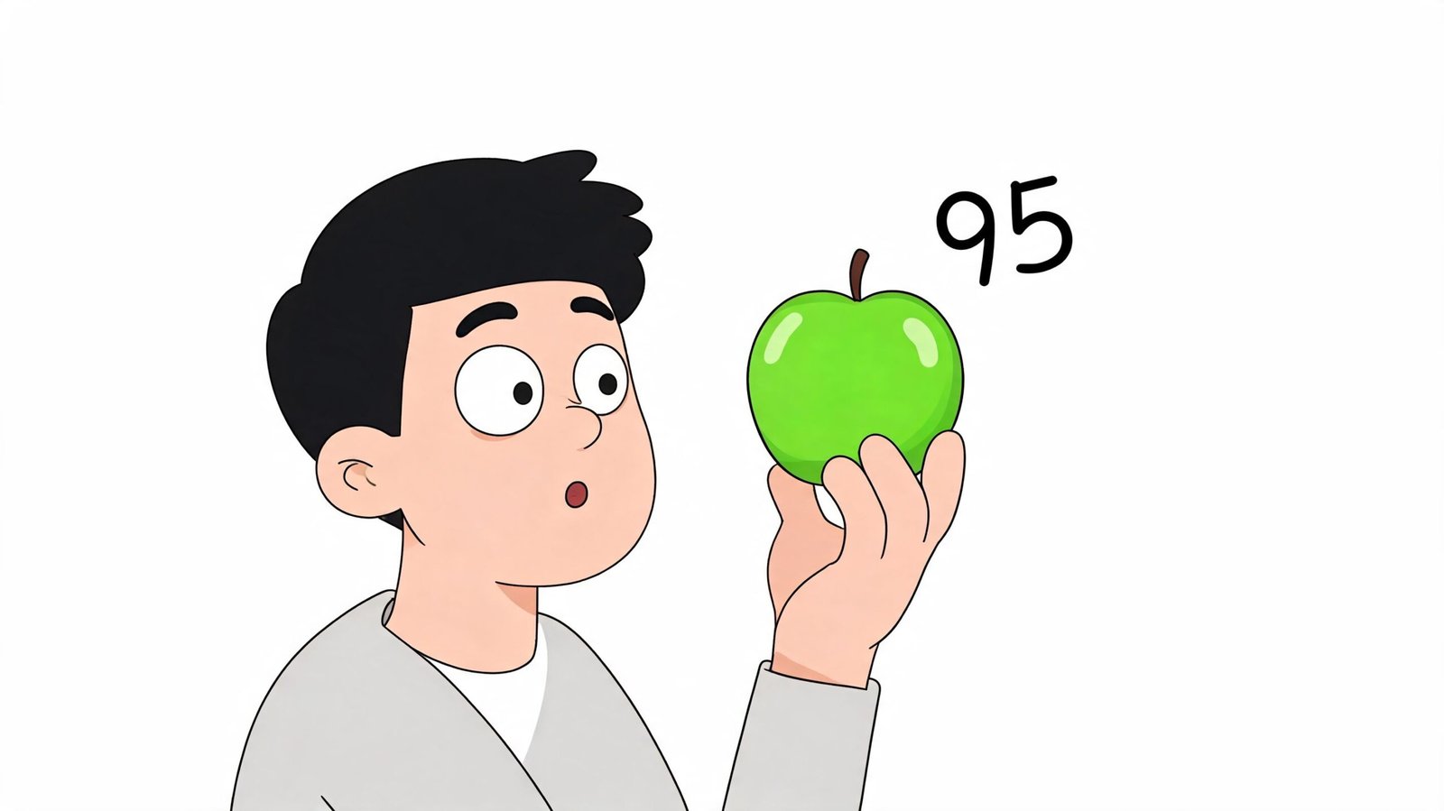An illustrated young man looking surprised at a green apple with the number ninety-five above it.