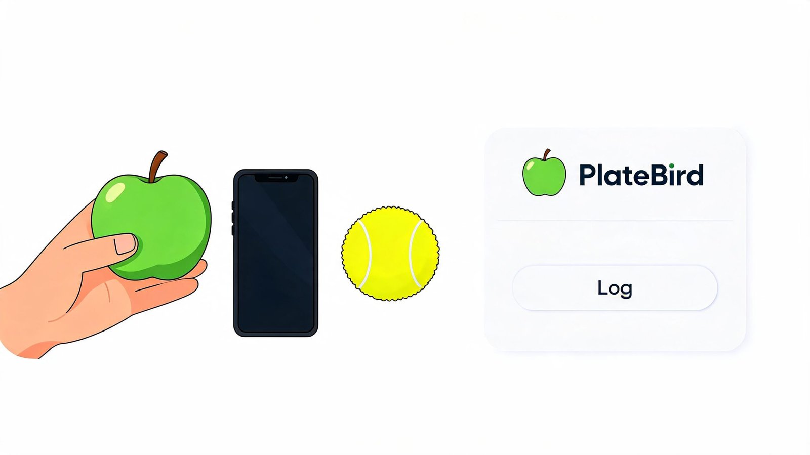 A hand holding a green apple next to a smartphone and a tennis ball for size comparison.