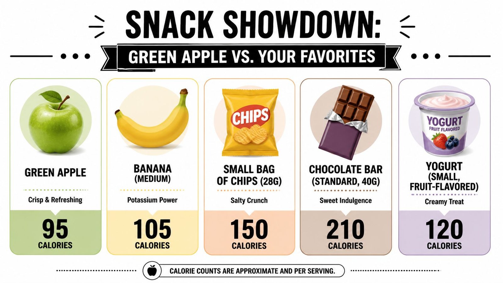 An infographic comparing the calorie content of a green apple against four common snack items.