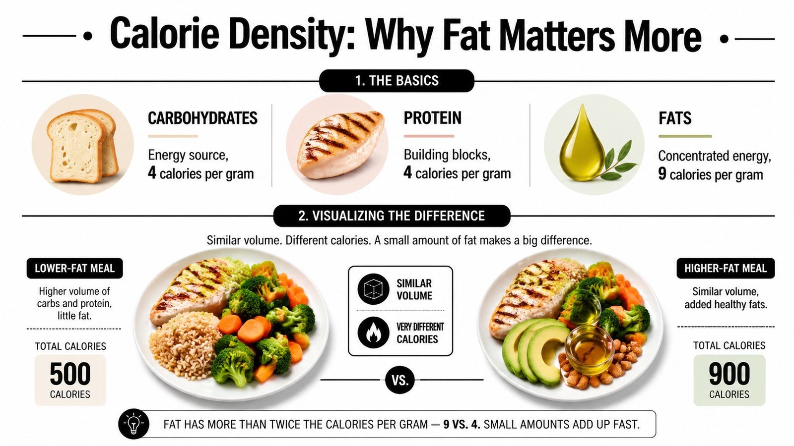 An infographic comparing calorie density, showing that fats contain more calories per gram than carbohydrates and protein.