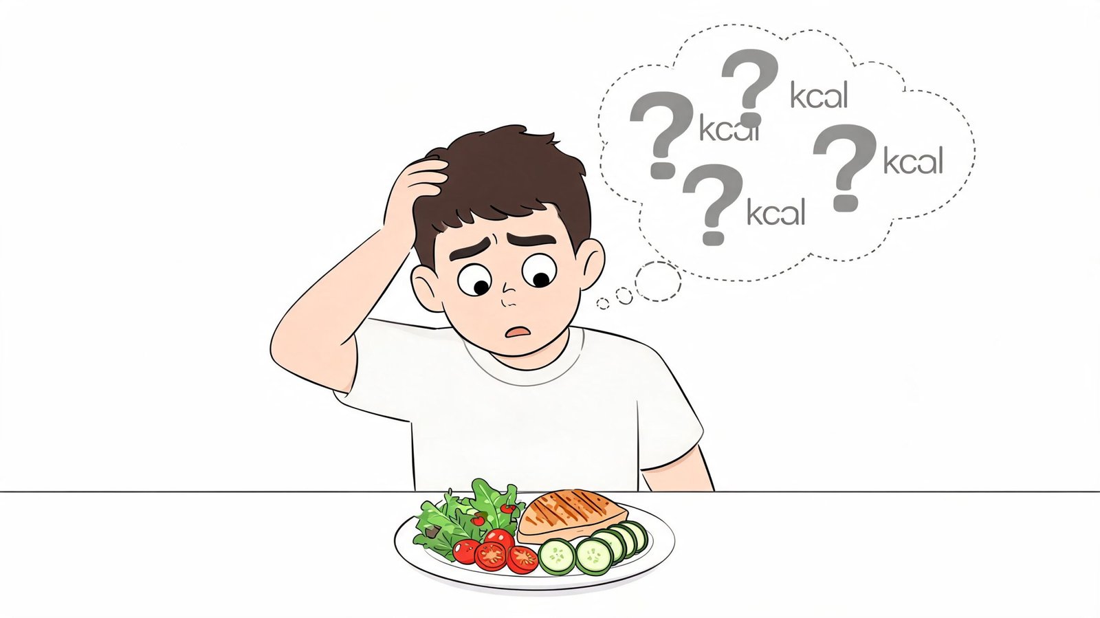 A confused young man looking at a plate of healthy food while wondering about calorie intake.