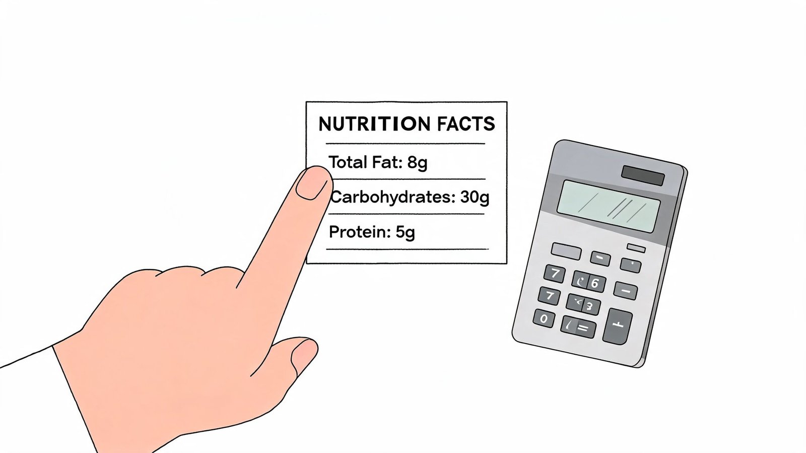 A hand pointing at a nutrition label listing fat, carbohydrates, and protein next to a calculator.