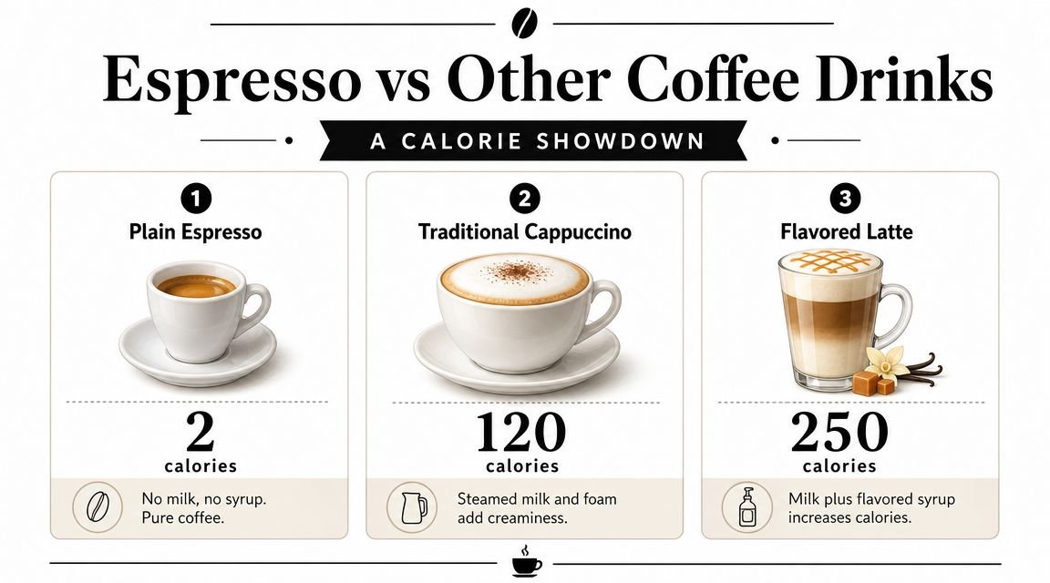 An infographic comparing the calorie content of plain espresso, a traditional cappuccino, and a flavored latte.