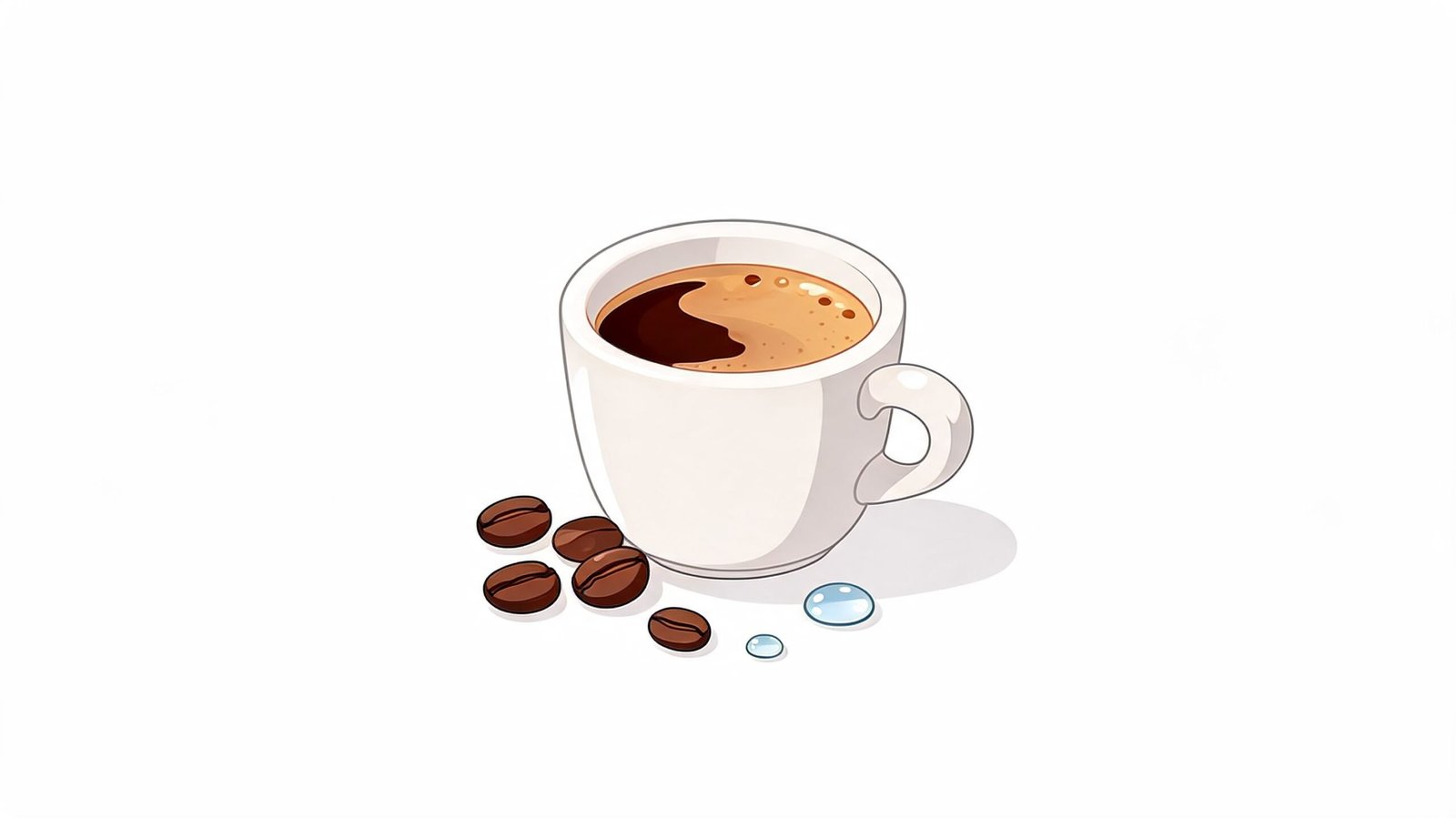 A cup of hot black espresso coffee served next to roasted coffee beans and water droplets.