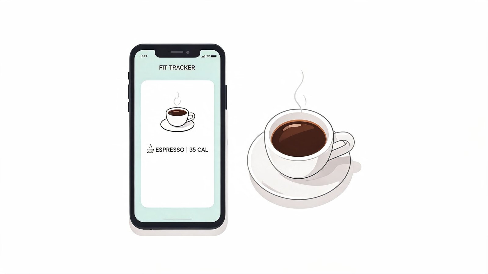 A smartphone app display shows espresso coffee with thirty-five calories next to a cup of espresso.