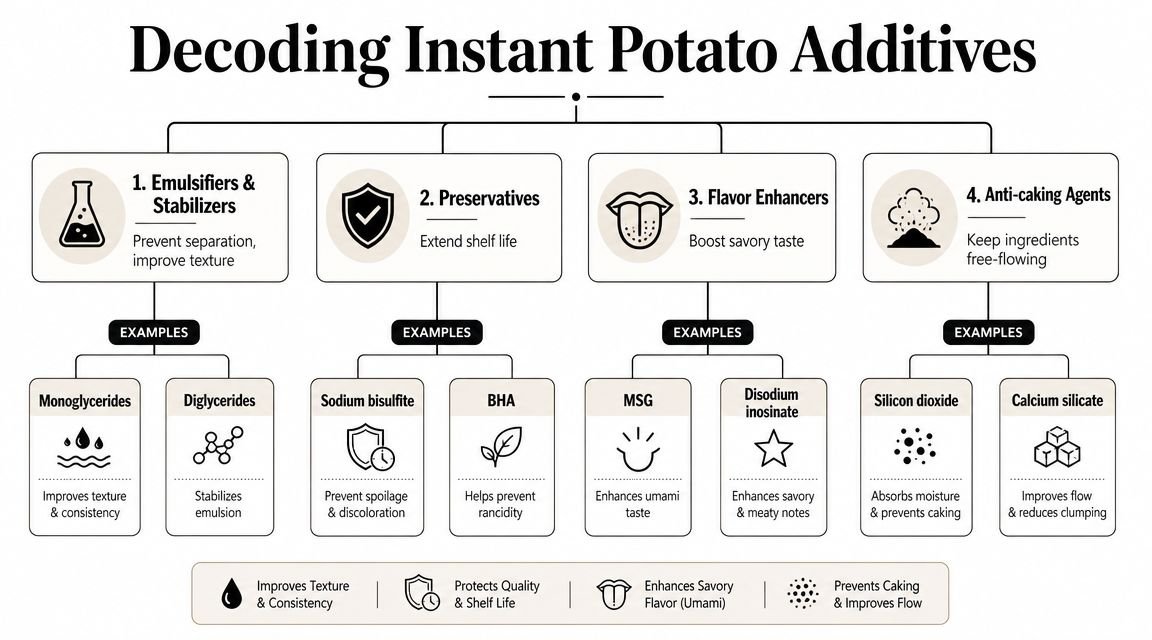 A flowchart explaining the various food additives found in instant mashed potatoes and their functions.