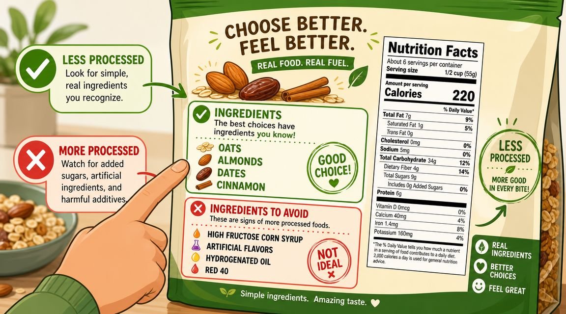 An educational infographic comparing healthy real food ingredients versus processed additives on a food label.