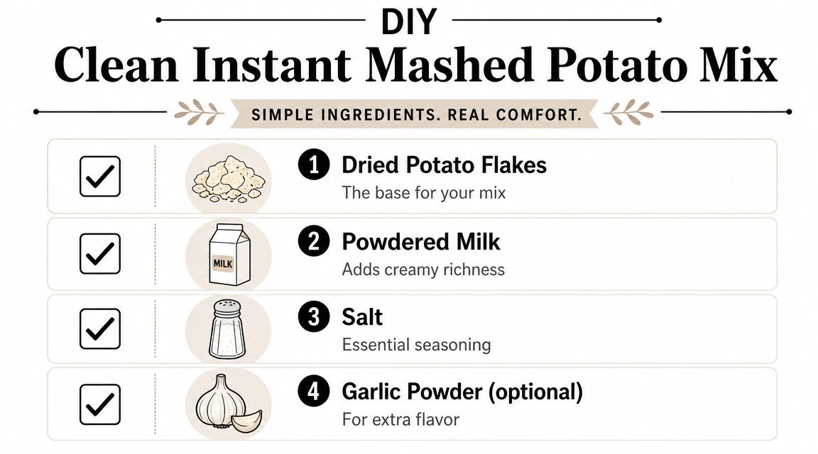 A list of four simple ingredients needed for making homemade clean instant mashed potato mix.