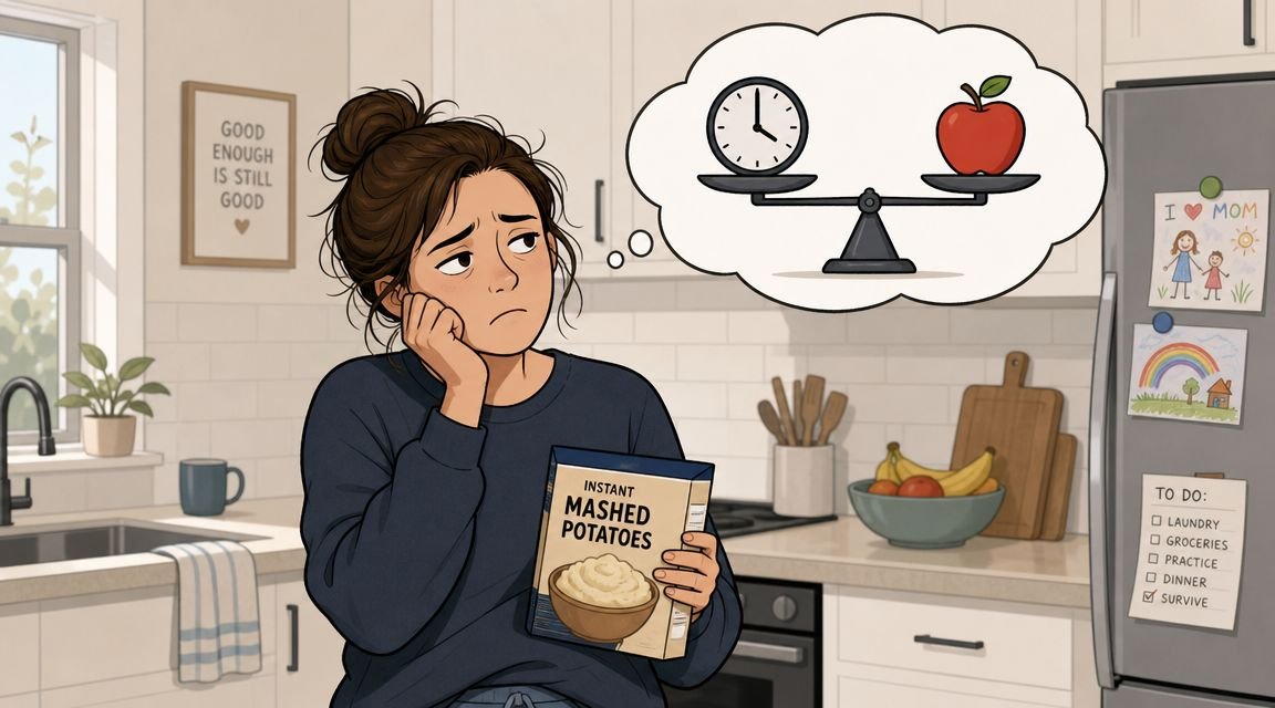 A tired woman holding a box of instant mashed potatoes while contemplating time and healthy eating choices.