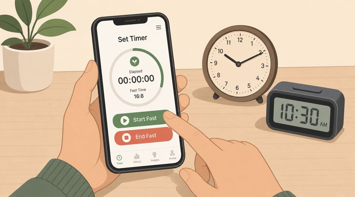 A person holding a smartphone showing an intermittent fasting timer app with a start button.