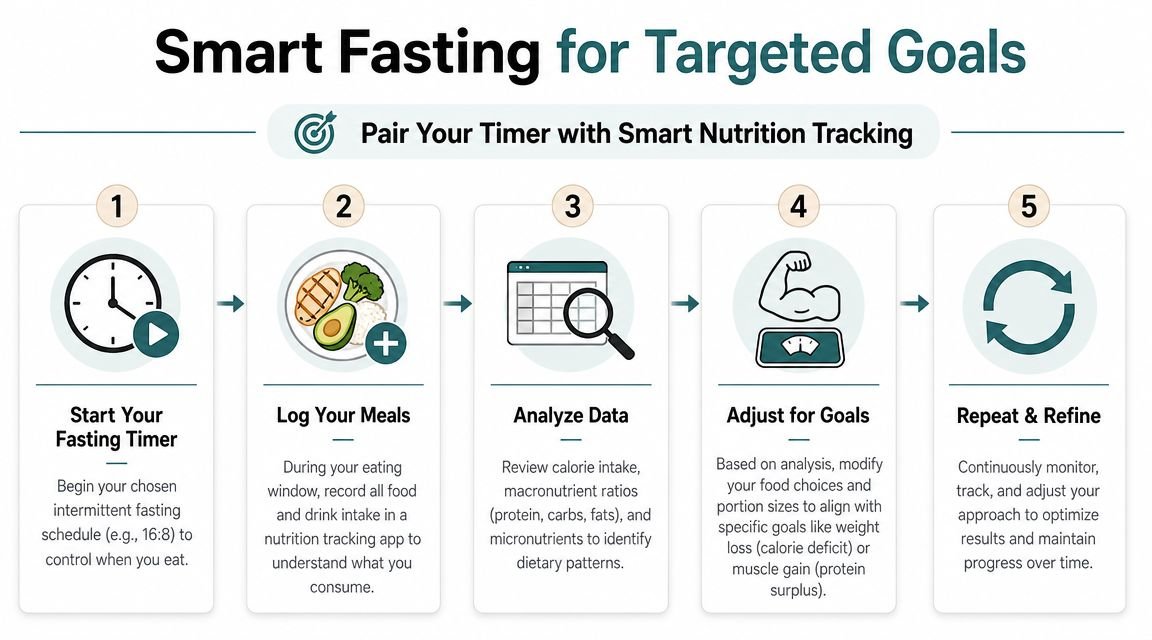 A step-by-step infographic illustrating how to combine intermittent fasting with smart nutrition tracking for better results.