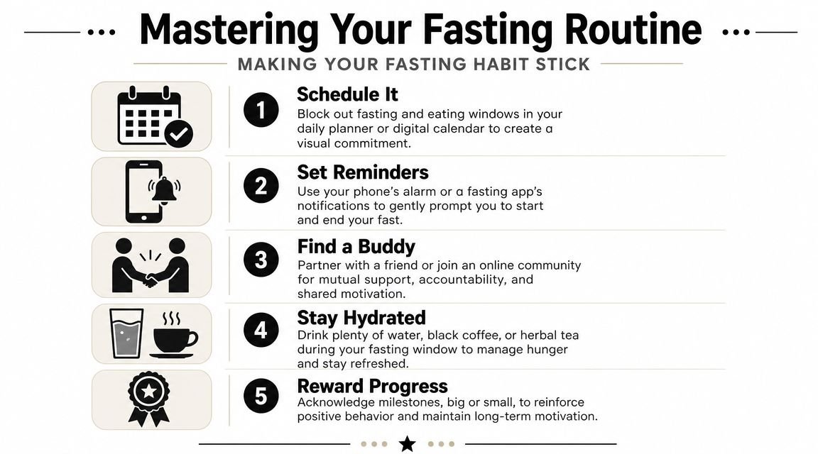 A helpful infographic featuring five essential tips for establishing and maintaining a consistent intermittent fasting routine.