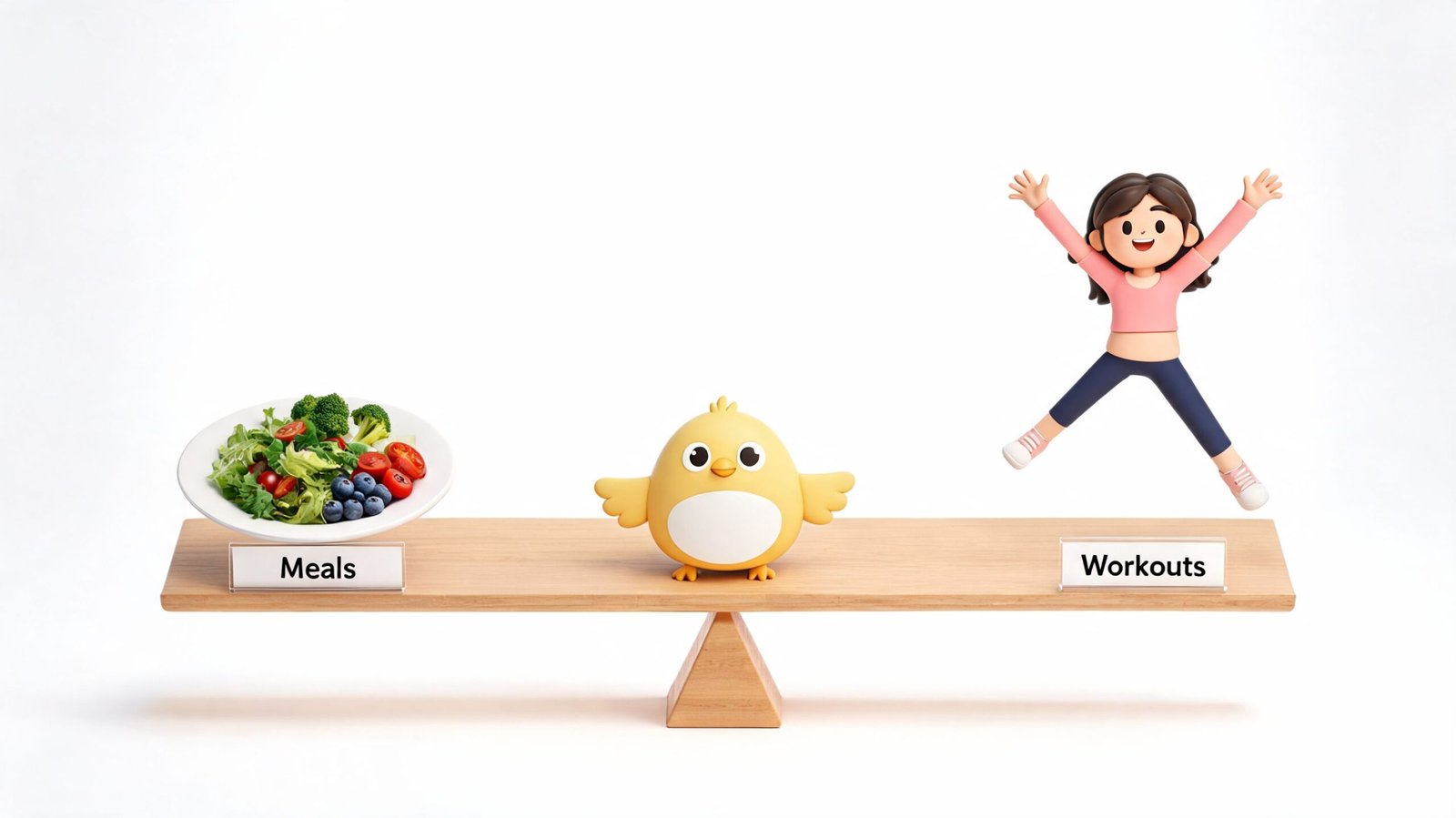 A 3D balance scale featuring a plate of healthy food on one side and a happy person jumping on the other.