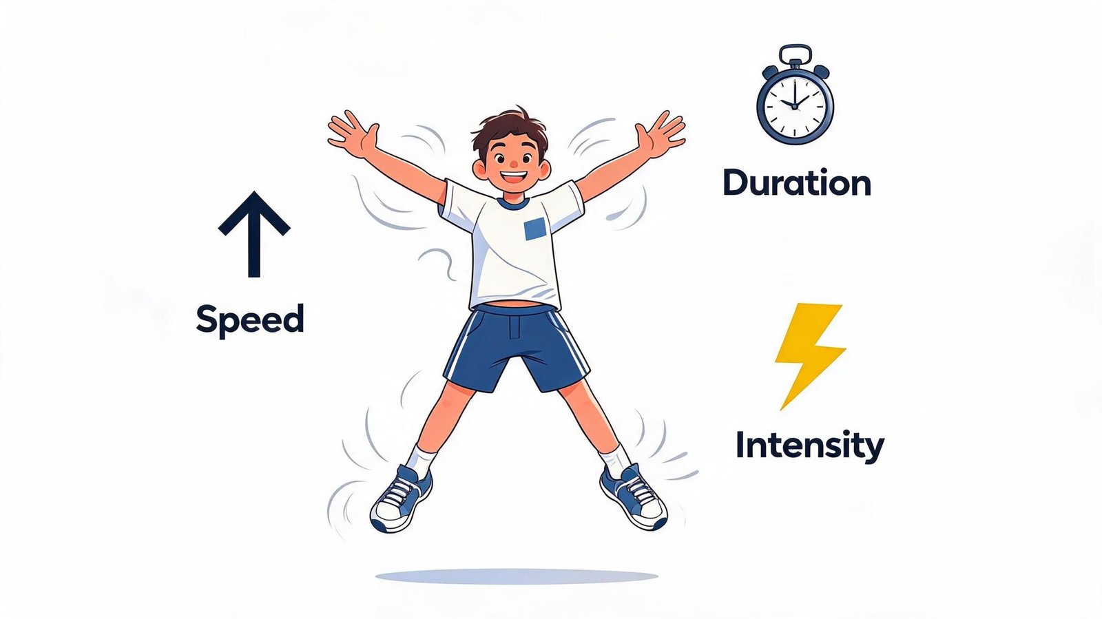 An illustration of a young boy performing jumping jacks with icons representing speed, duration, and exercise intensity.