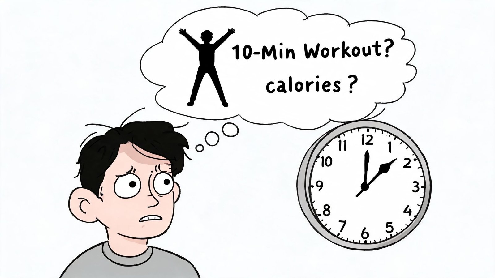 A worried young person looks at a clock while wondering about the calories burned during a workout.