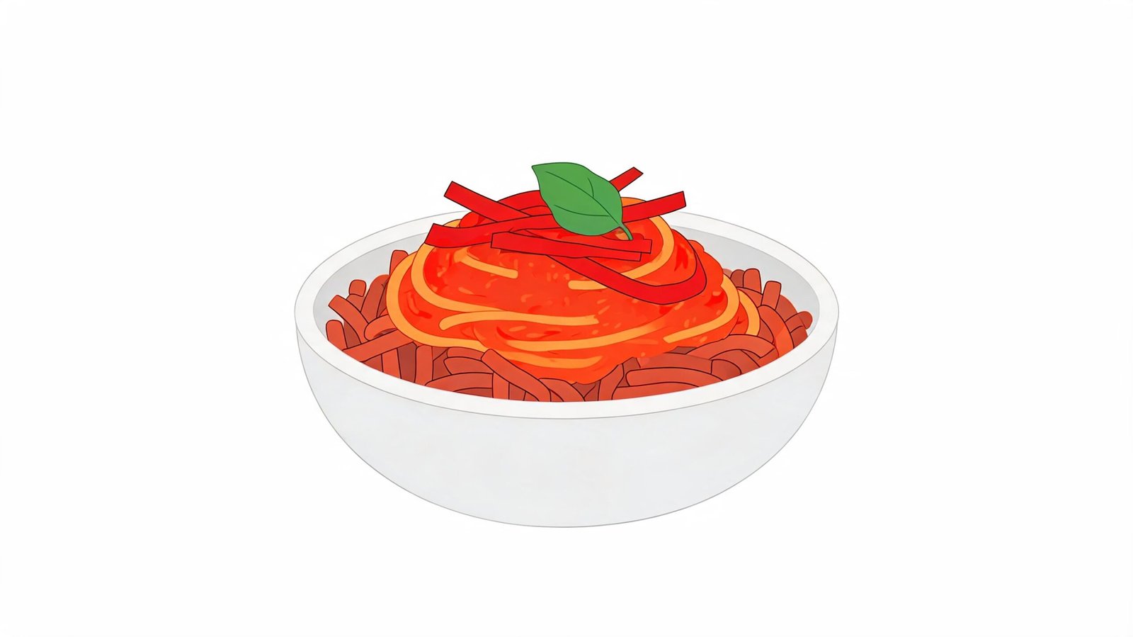 A minimalist illustration of a bowl of red pasta topped with sliced vegetables and a green leaf.