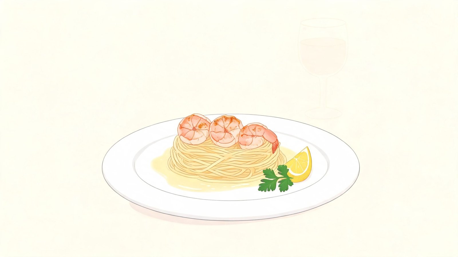 A minimalist illustration of a plate of shrimp scampi pasta with a lemon wedge and parsley.