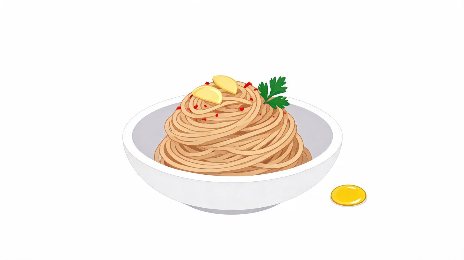 A minimalist vector illustration of a bowl of spaghetti pasta garnished with garlic cloves and fresh parsley.