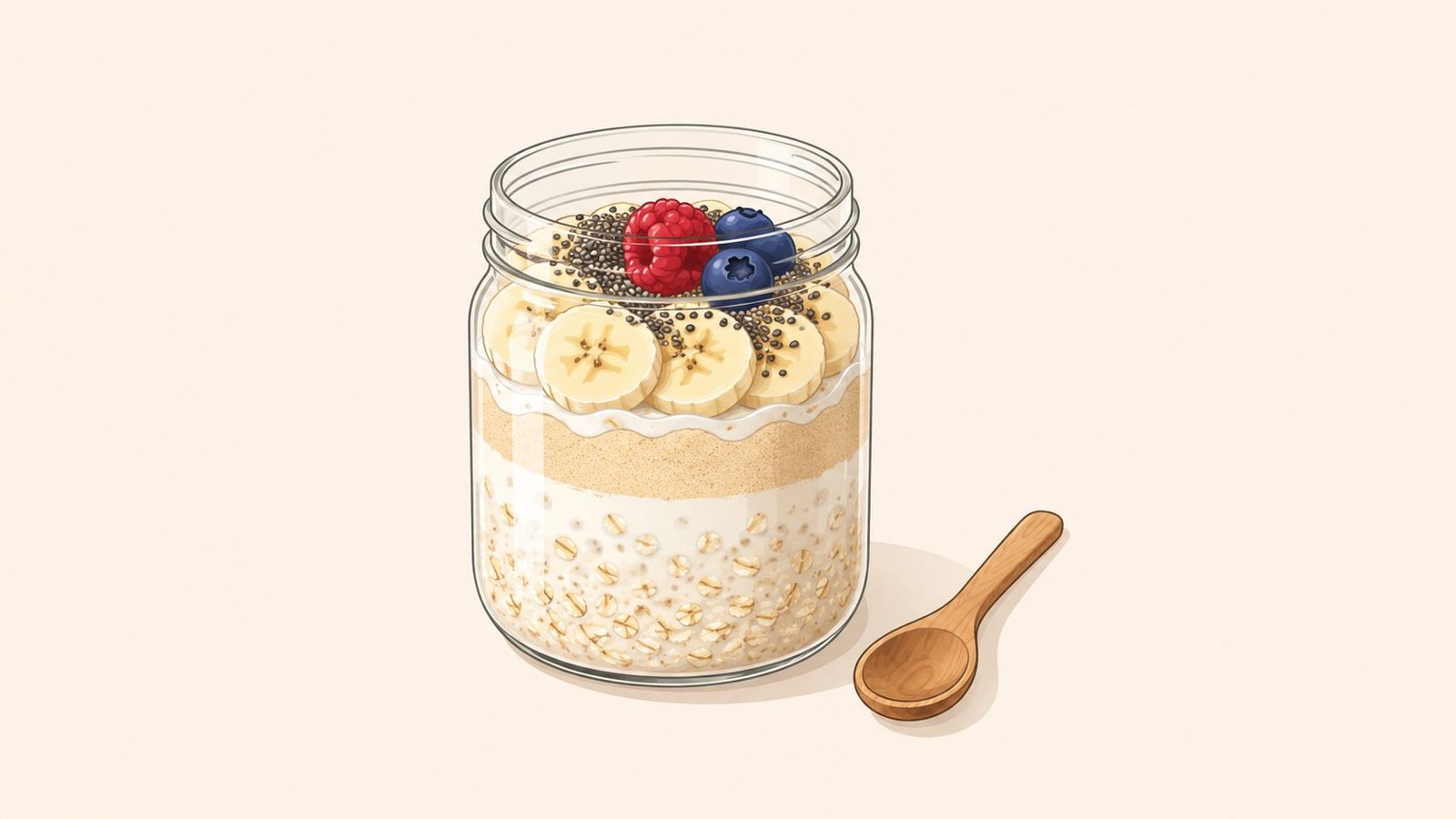 A glass jar filled with layers of overnight oats, banana slices, chia seeds, raspberries, and fresh blueberries.