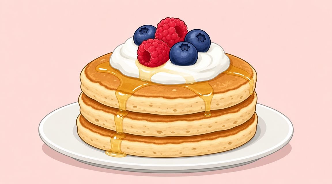 A stack of fluffy pancakes topped with whipped cream, fresh raspberries, blueberries, and dripping golden maple syrup.