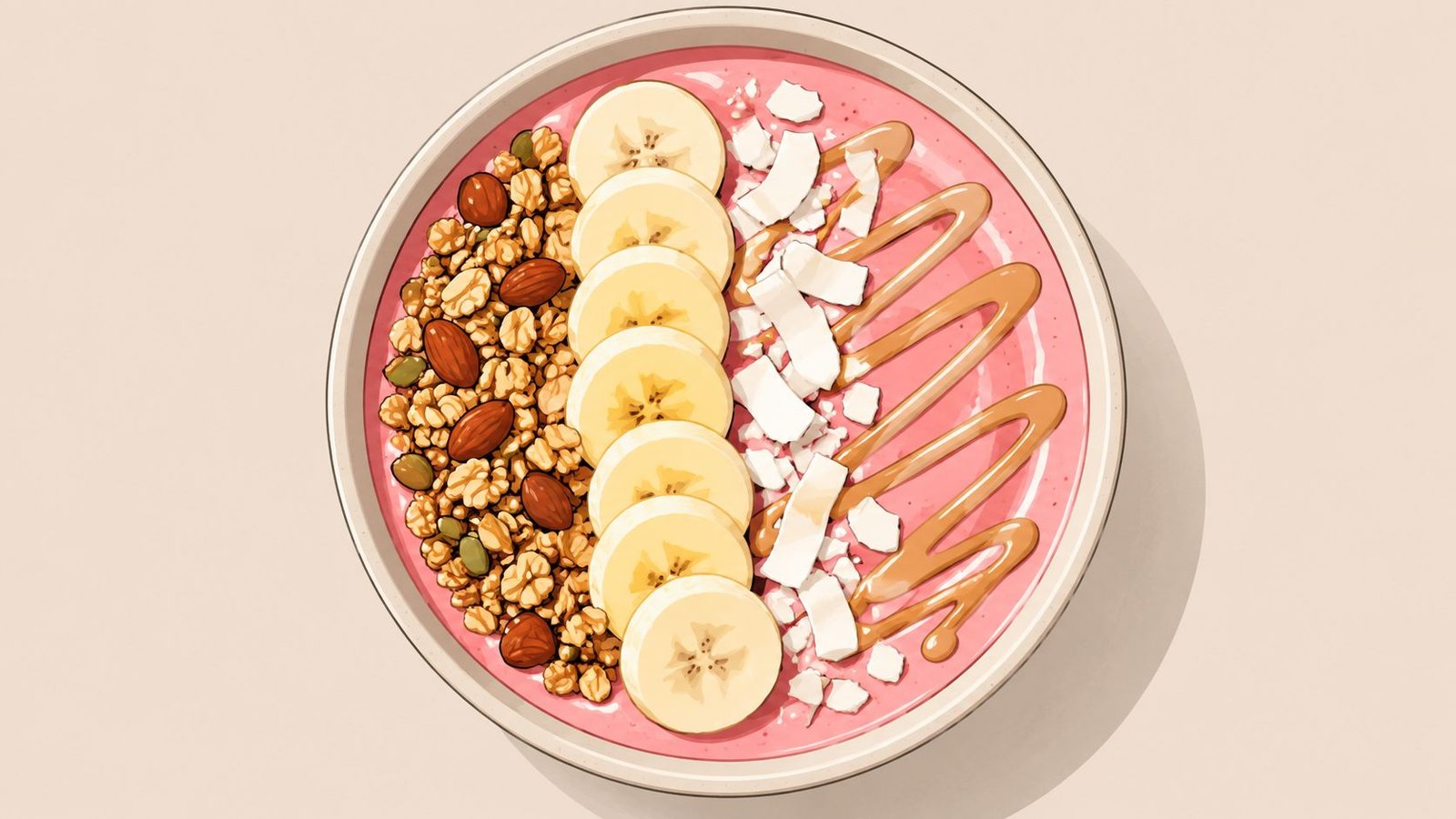 A healthy smoothie bowl topped with banana slices, granola, coconut flakes, and a peanut butter drizzle.