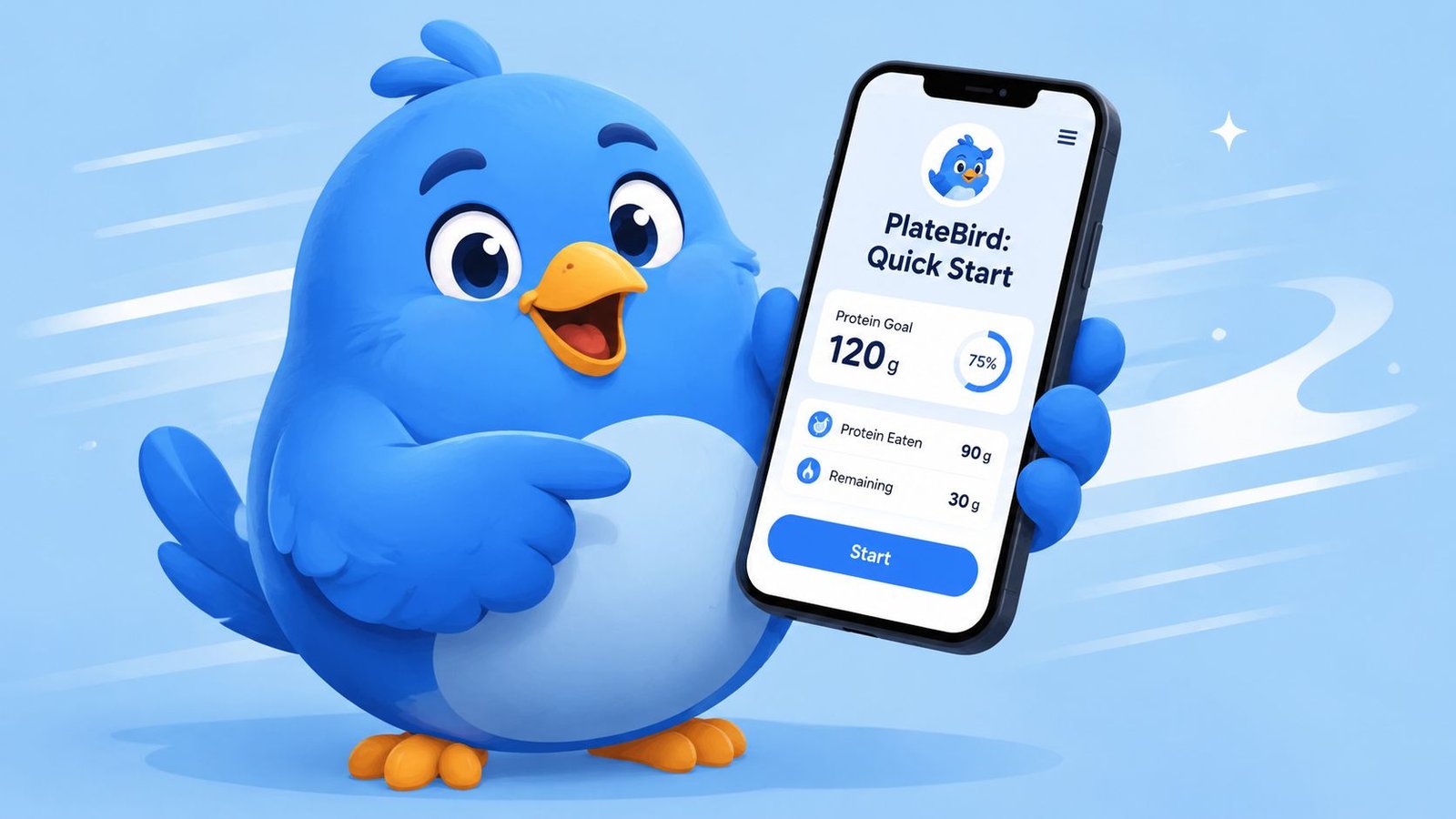 A cute 3D blue bird character holding a smartphone displaying a protein tracker app interface.