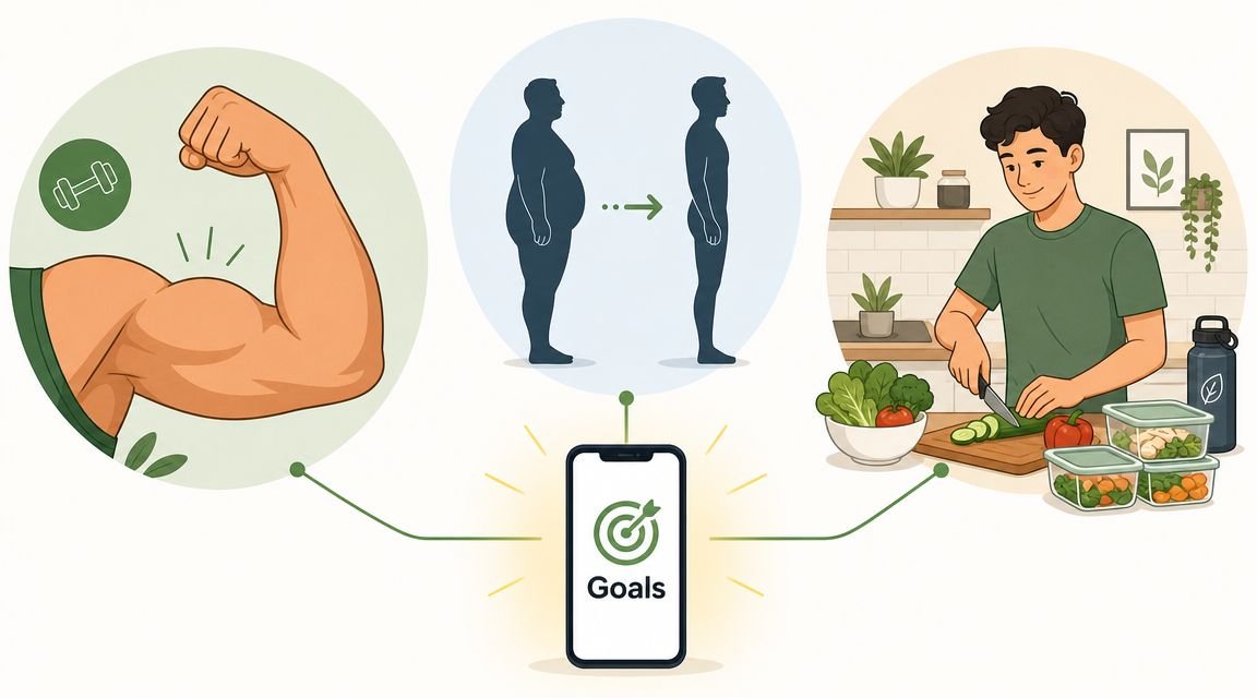 A digital illustration showing a mobile app for goal setting, fitness, weight loss, and healthy meal preparation.