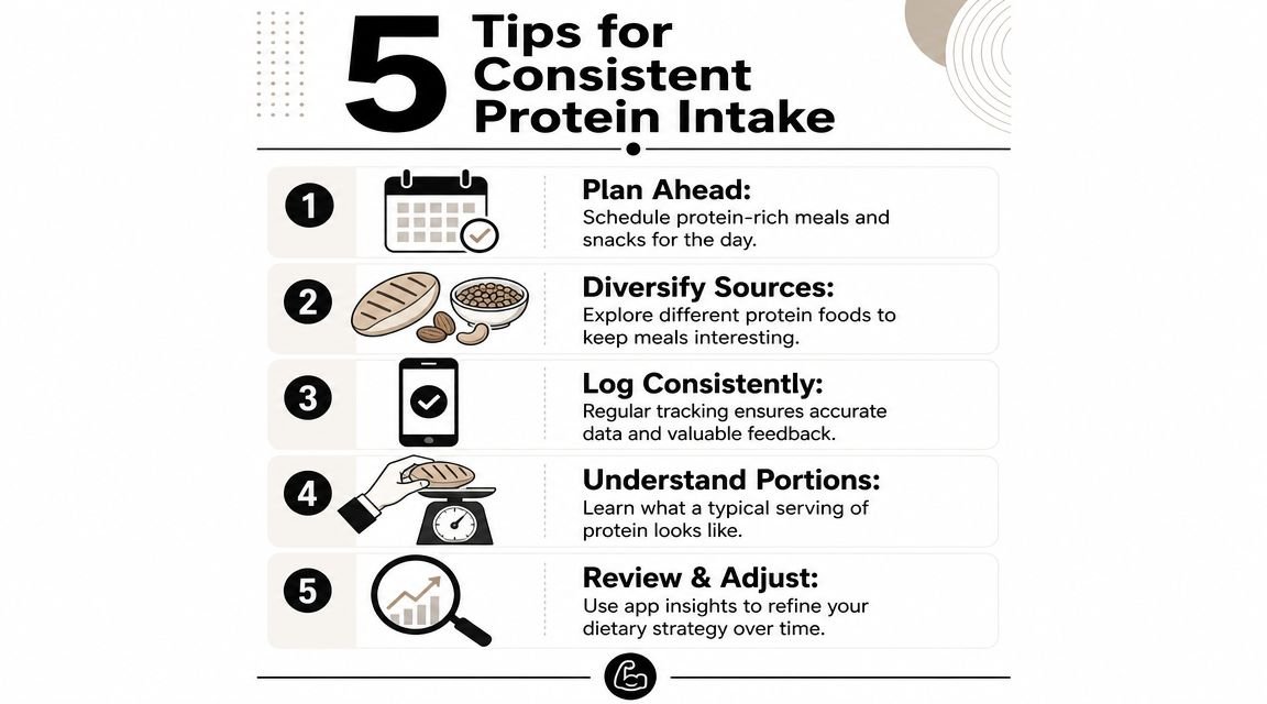 An infographic titled 5 Tips for Consistent Protein Intake, illustrating daily planning, food variety, tracking, and portion control.