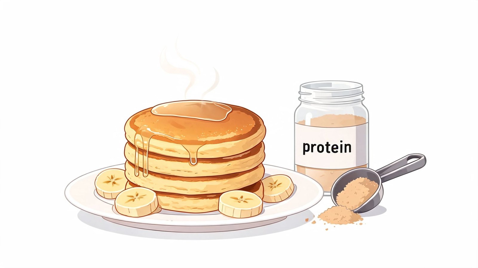 A stack of fluffy pancakes topped with honey and sliced bananas next to protein powder.