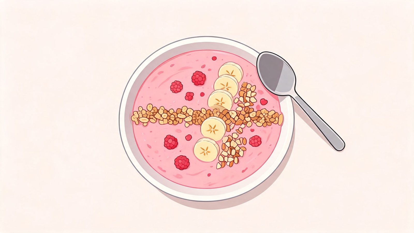 A top-down view of a bowl of pink smoothie topped with banana slices, raspberries, and crunchy granola.