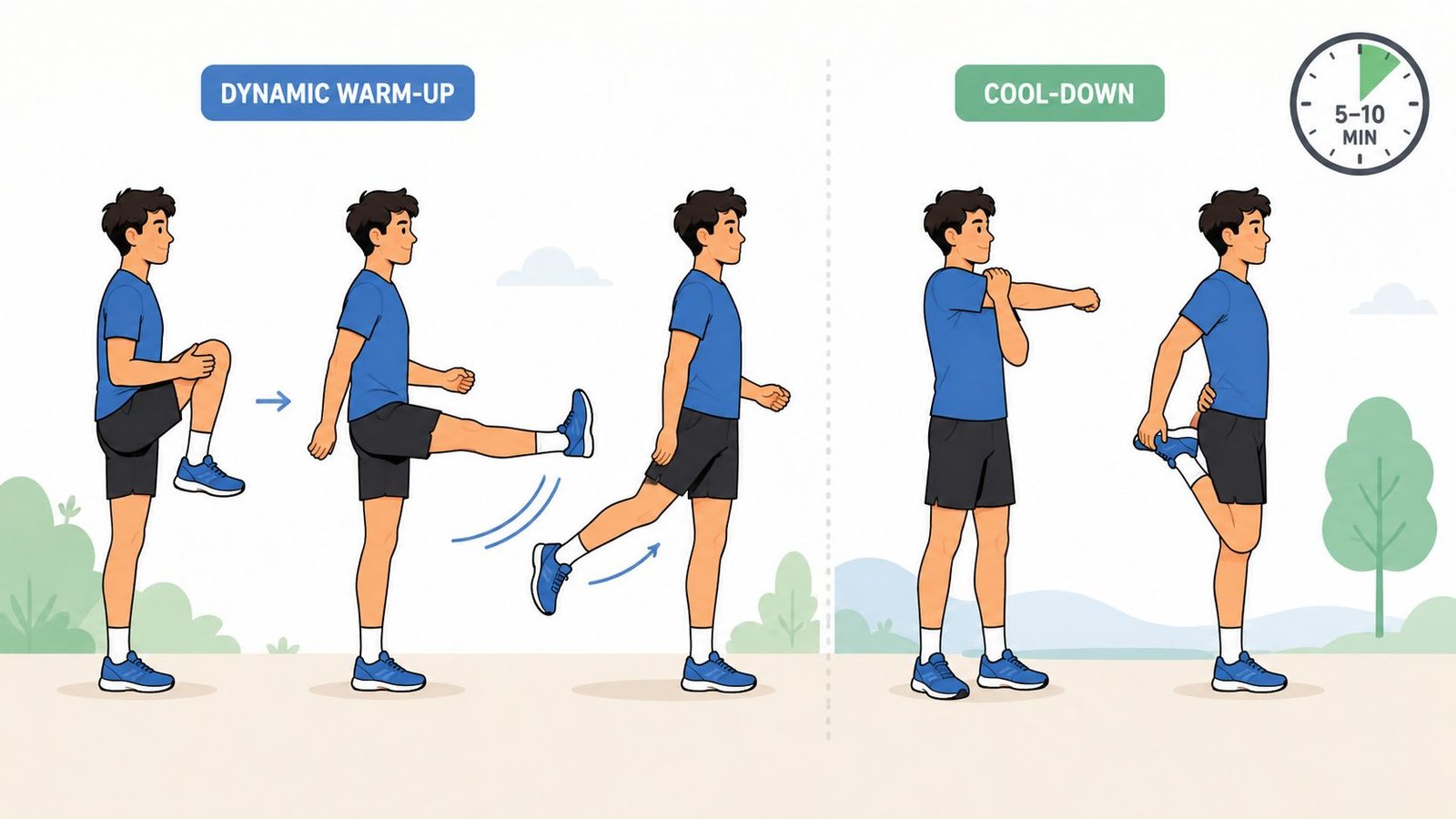 A person performing a dynamic warm-up routine followed by cool-down stretching exercises after a run.
