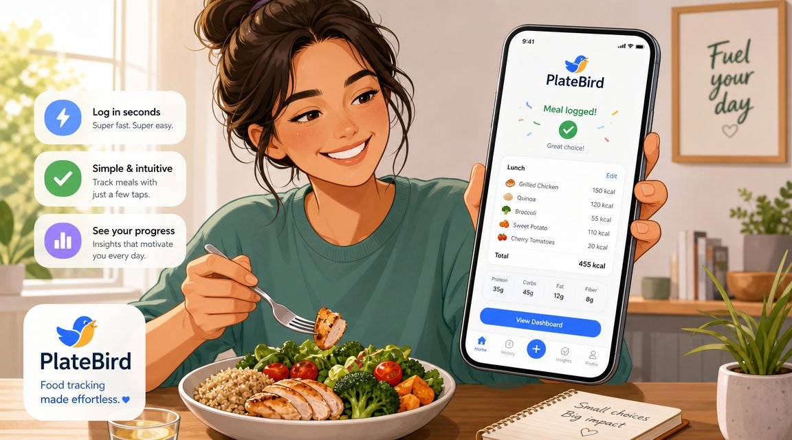 A young woman smiling while using a mobile food tracking app called PlateBird to log her healthy meal.