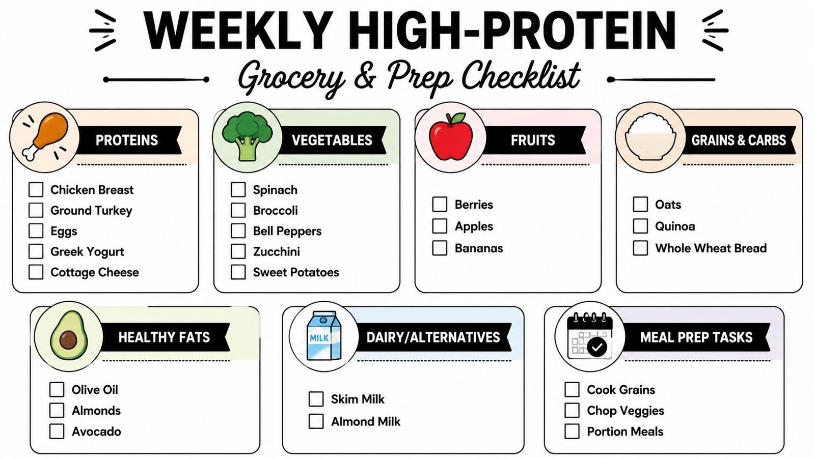 A weekly high-protein grocery and meal prep checklist for organized healthy eating and food preparation.