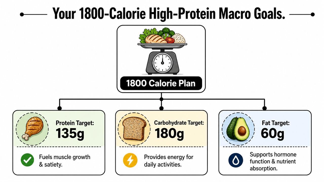 An infographic showing daily macronutrient targets for an 1800-calorie high-protein meal plan, including protein, carbs, and fats.