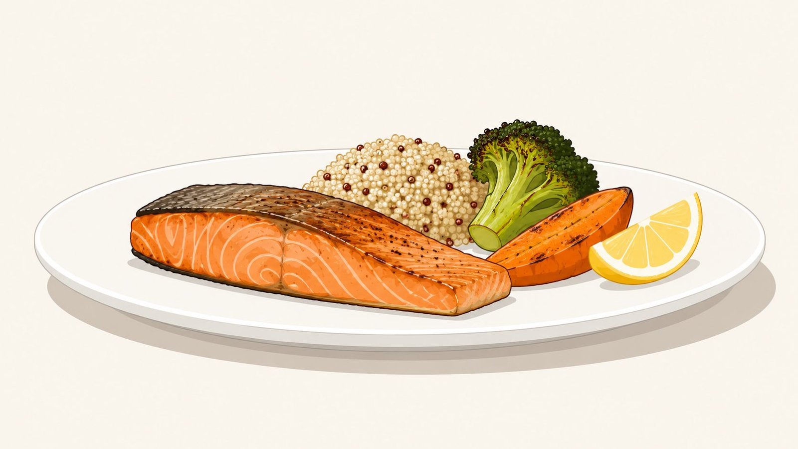 A healthy plate featuring a seared salmon fillet, a scoop of quinoa, broccoli, and a lemon wedge.
