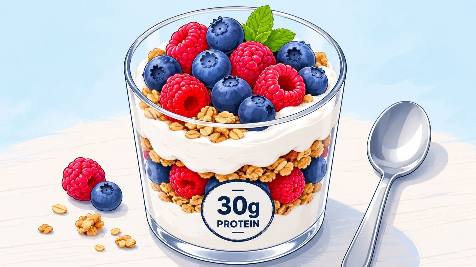 A glass cup filled with layers of yogurt, granola, fresh raspberries, and blueberries with a spoon.