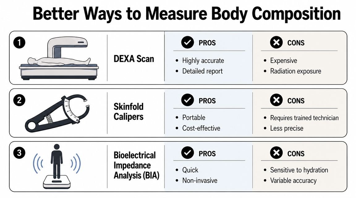 A comparison chart outlining the pros and cons of DEXA scans, skinfold calipers, and bioelectrical impedance analysis.