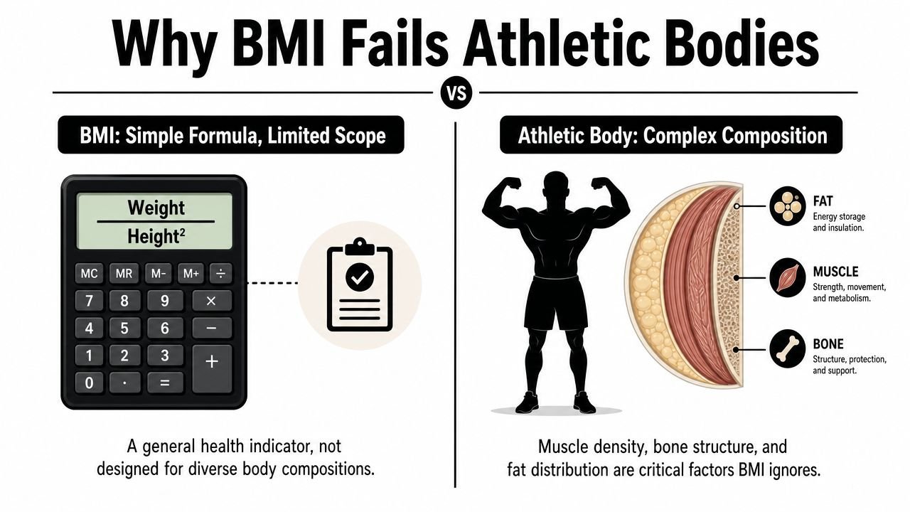 An infographic comparing the simple BMI formula to the complex composition of an athletic body.