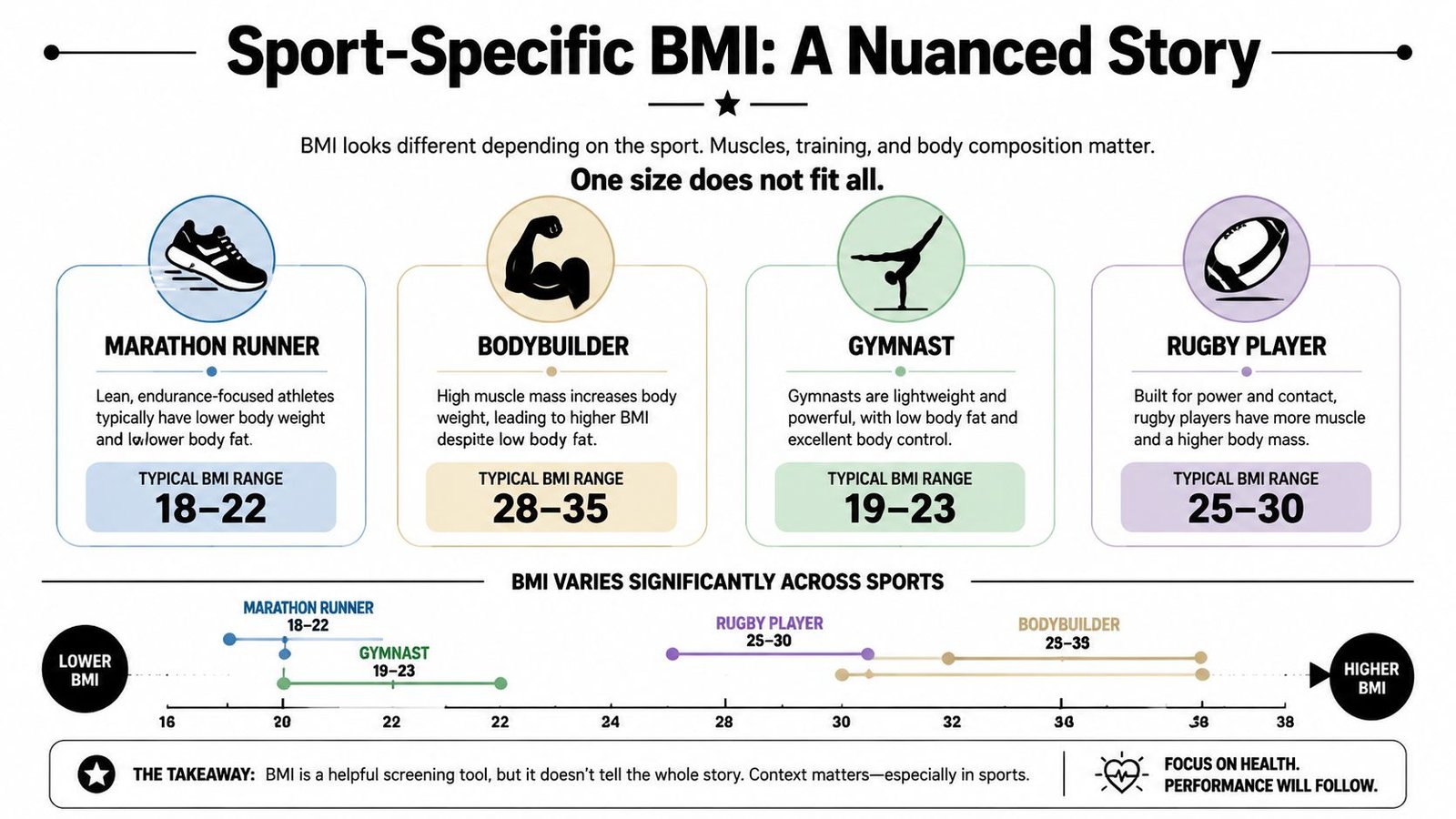An infographic showing the typical BMI ranges for marathon runners, bodybuilders, gymnasts, and rugby players.