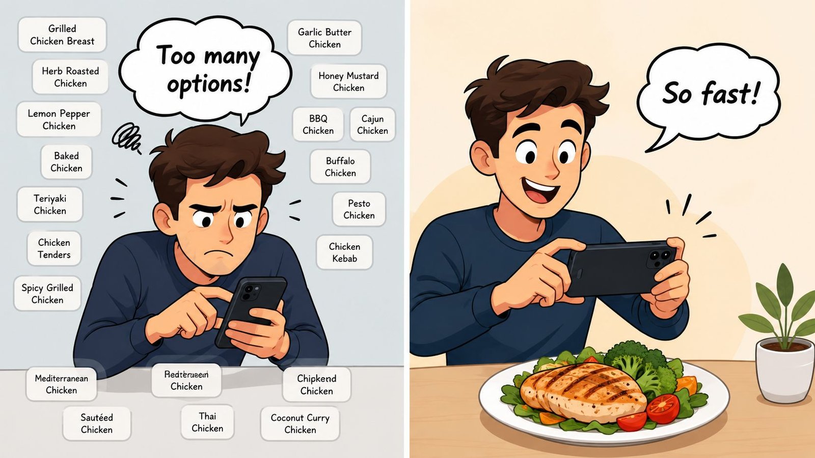 A man feeling overwhelmed by food choices on his phone versus easily logging a meal via photo.