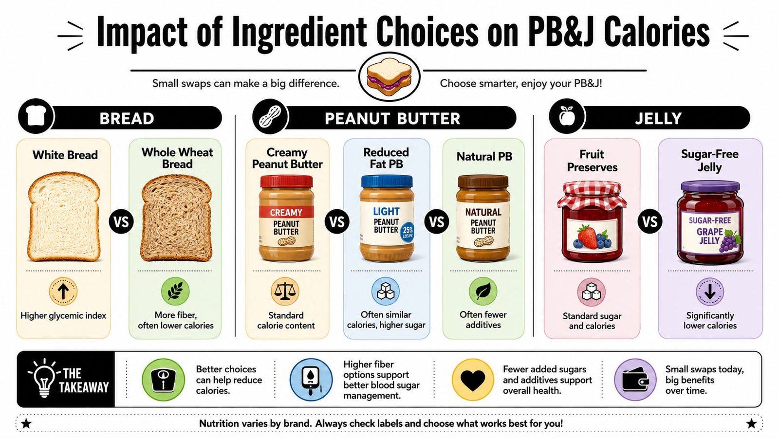 A comparison chart showing how choosing different bread, peanut butter, and jelly impacts overall PB&J sandwich calories.