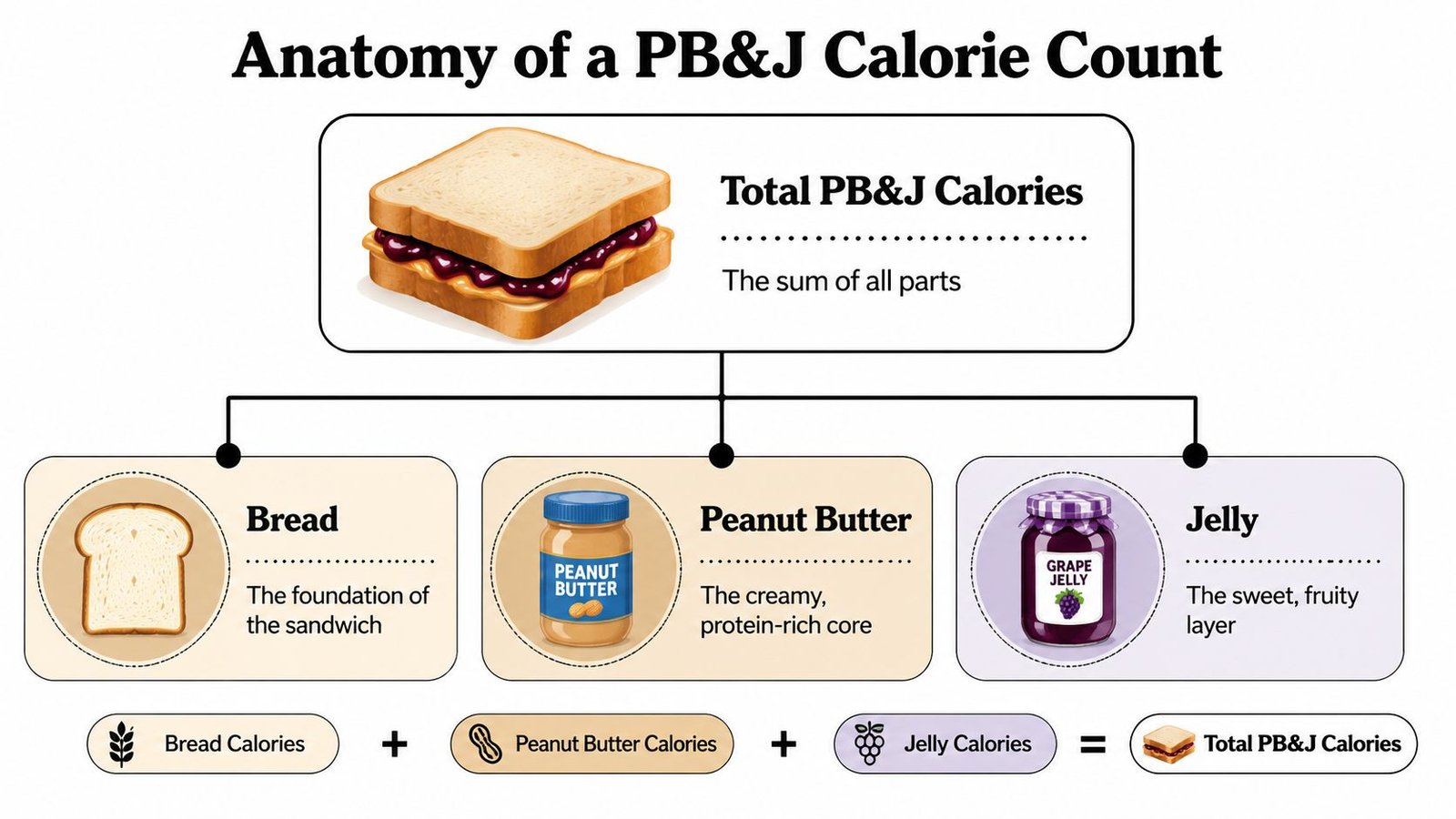 An infographic showing that the total calories in a peanut butter and jelly sandwich is the sum of ingredients.