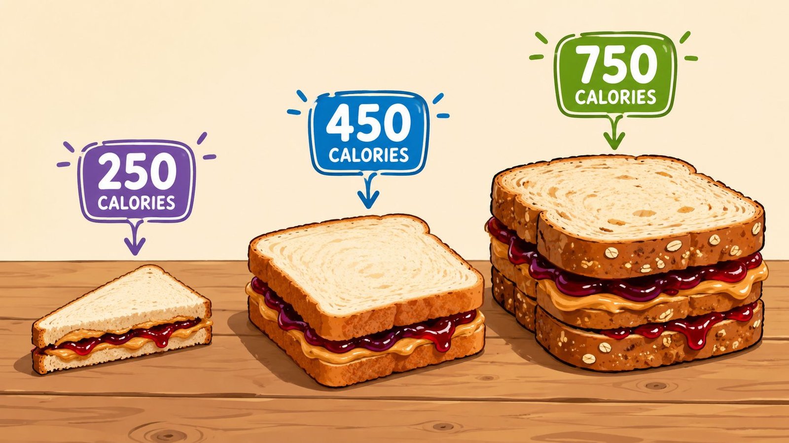 Three peanut butter and jelly sandwiches of increasing size with their corresponding calorie counts labeled above them.