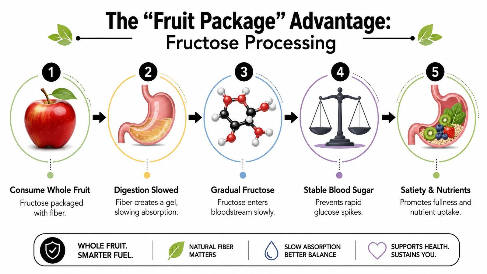 An infographic showing the five-step process of how whole fruit fiber facilitates healthy fructose processing and digestion.