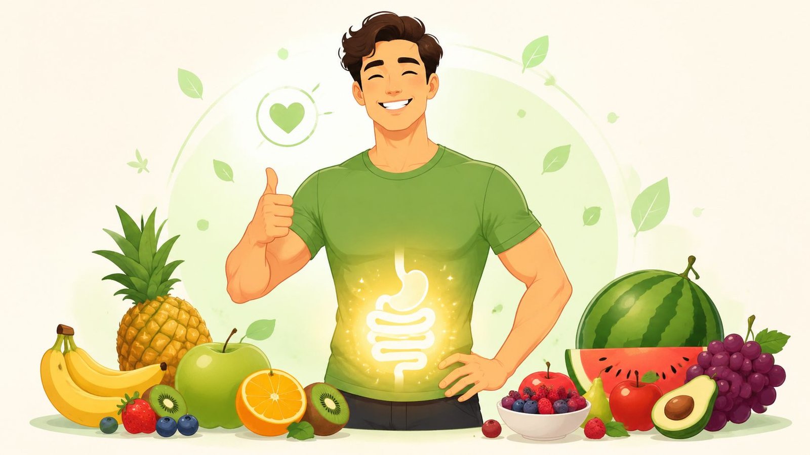 A happy man smiling and giving a thumbs up with a glowing stomach illustration surrounded by fresh fruits.