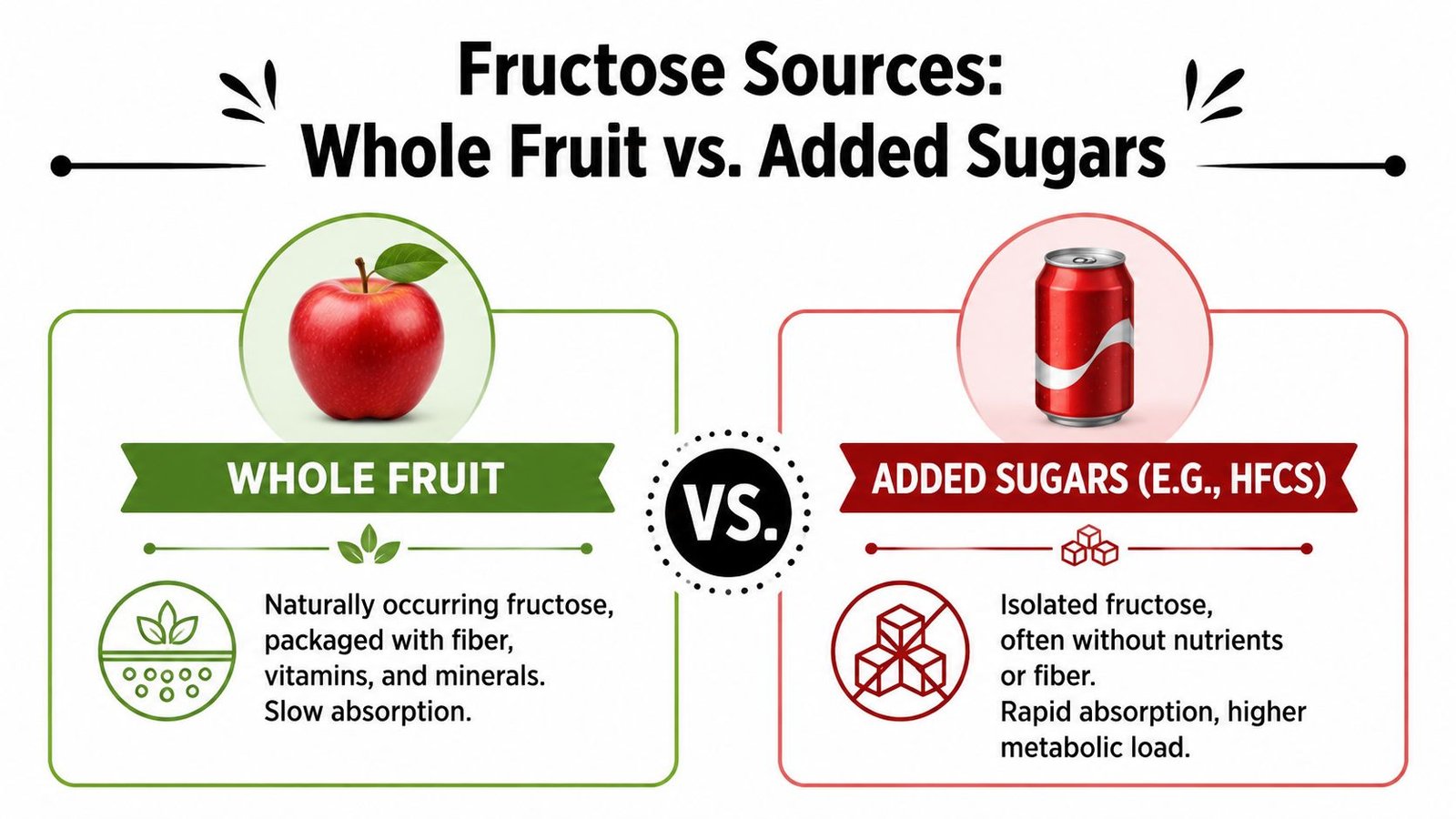 A comparison graphic showing the differences between natural fructose in whole fruit and added sugars.